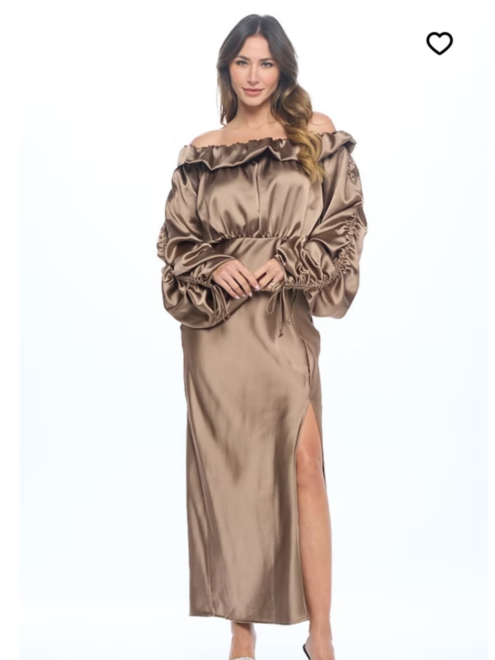 Satin Off Shoulder
Dress with Ruched
Sleeve and Slit